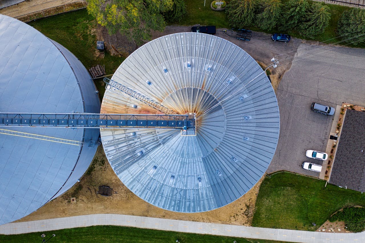 Home A birds eye view of two large silos in an industrial area in Red Wing, Minnesota.