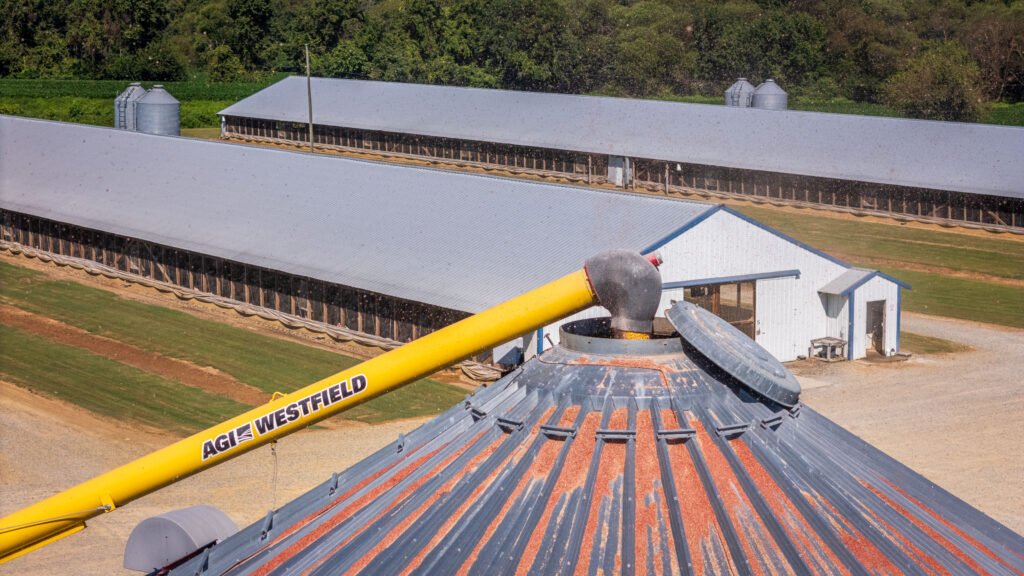 default Aerial shot of a farm facility with grain silos and storage buildings on a sunny day.